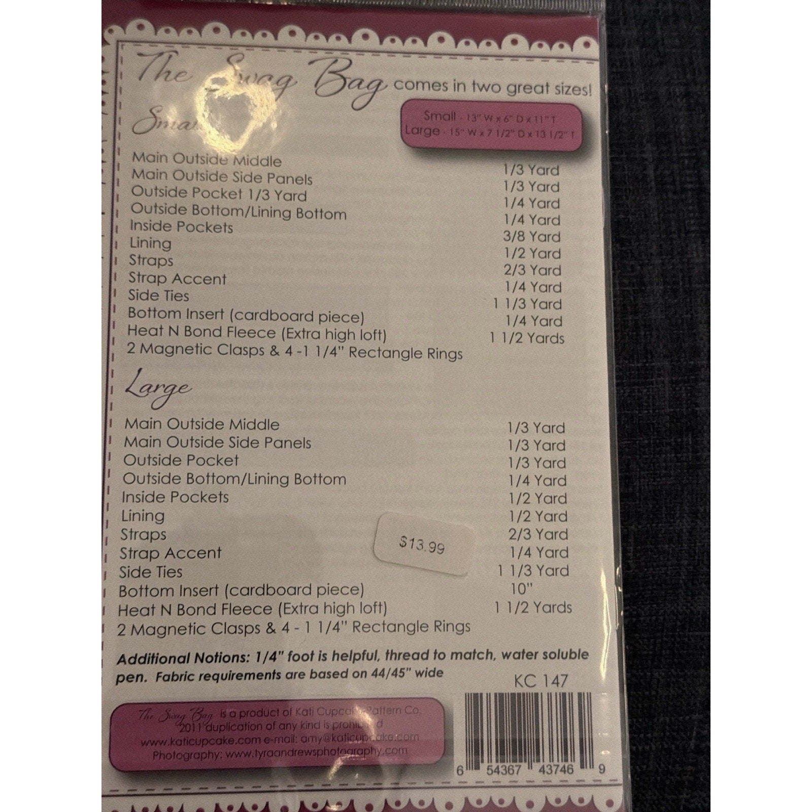 Kati Cupcake Swag Bag KC147 Sewing Pattern Purse Tote 2 Sizes