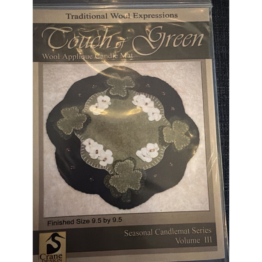 Crane Design Touch Of Green Wool Applique Candle Mat Pattern 9.5" X 9.5" New
