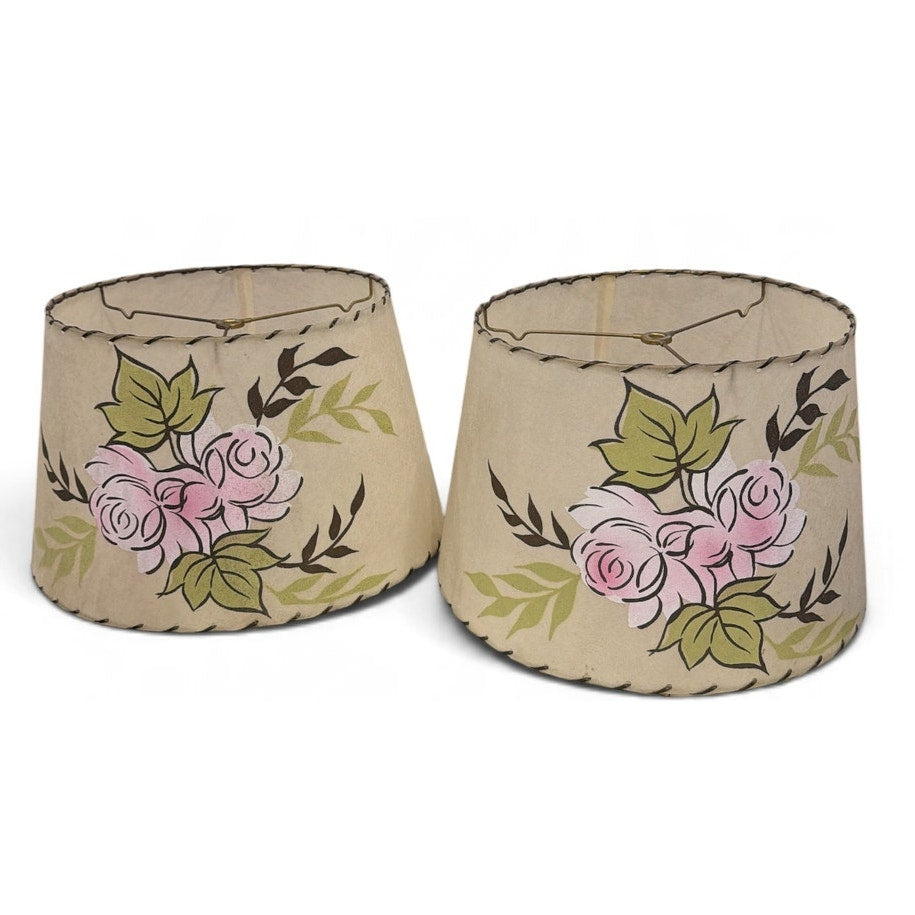 Vintage Floral Lampshades Pair Pink Roses Laced Parchment Style 1950s 14 Inch