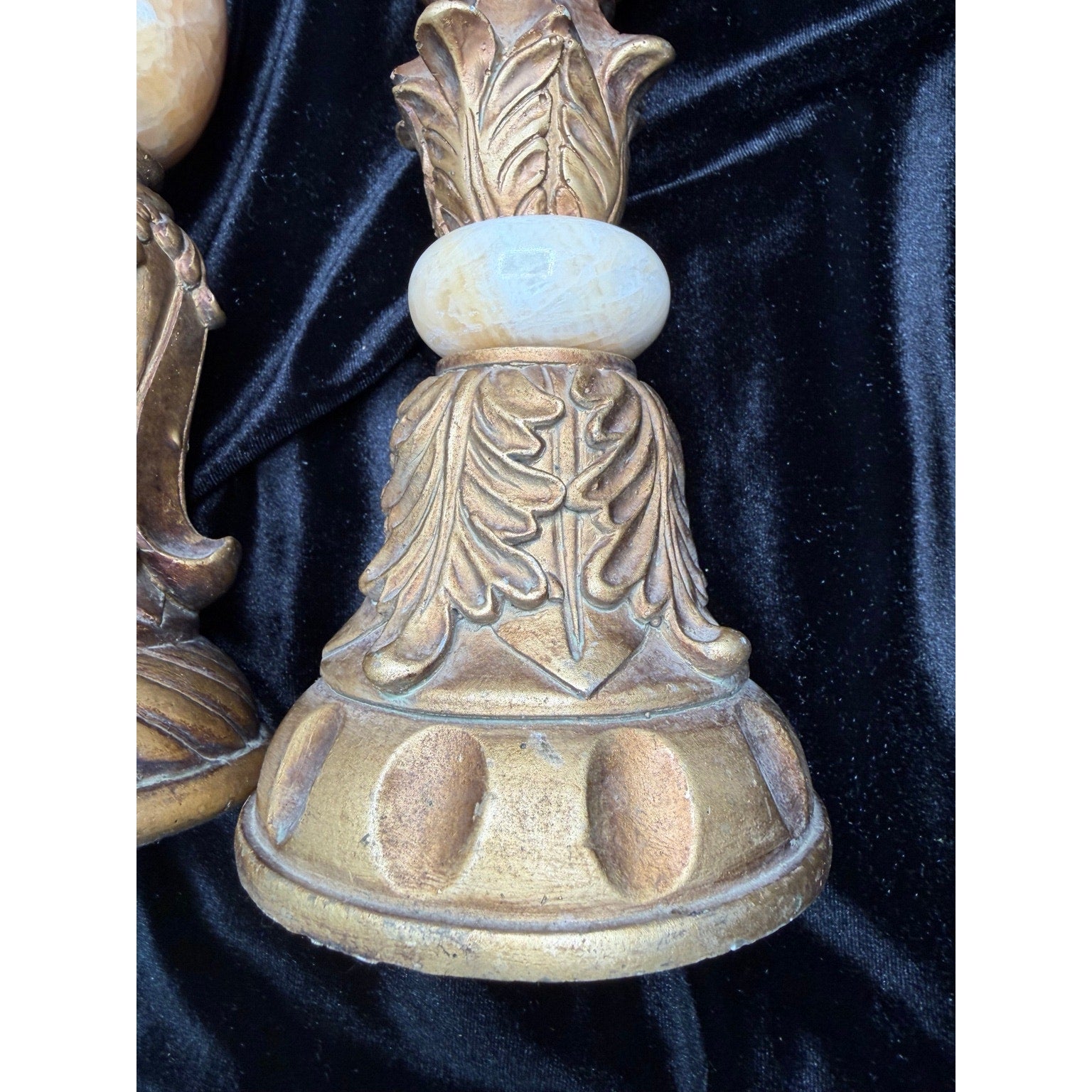 Vintage Stone & Gilt Resin Candlestick Set French Country Decor