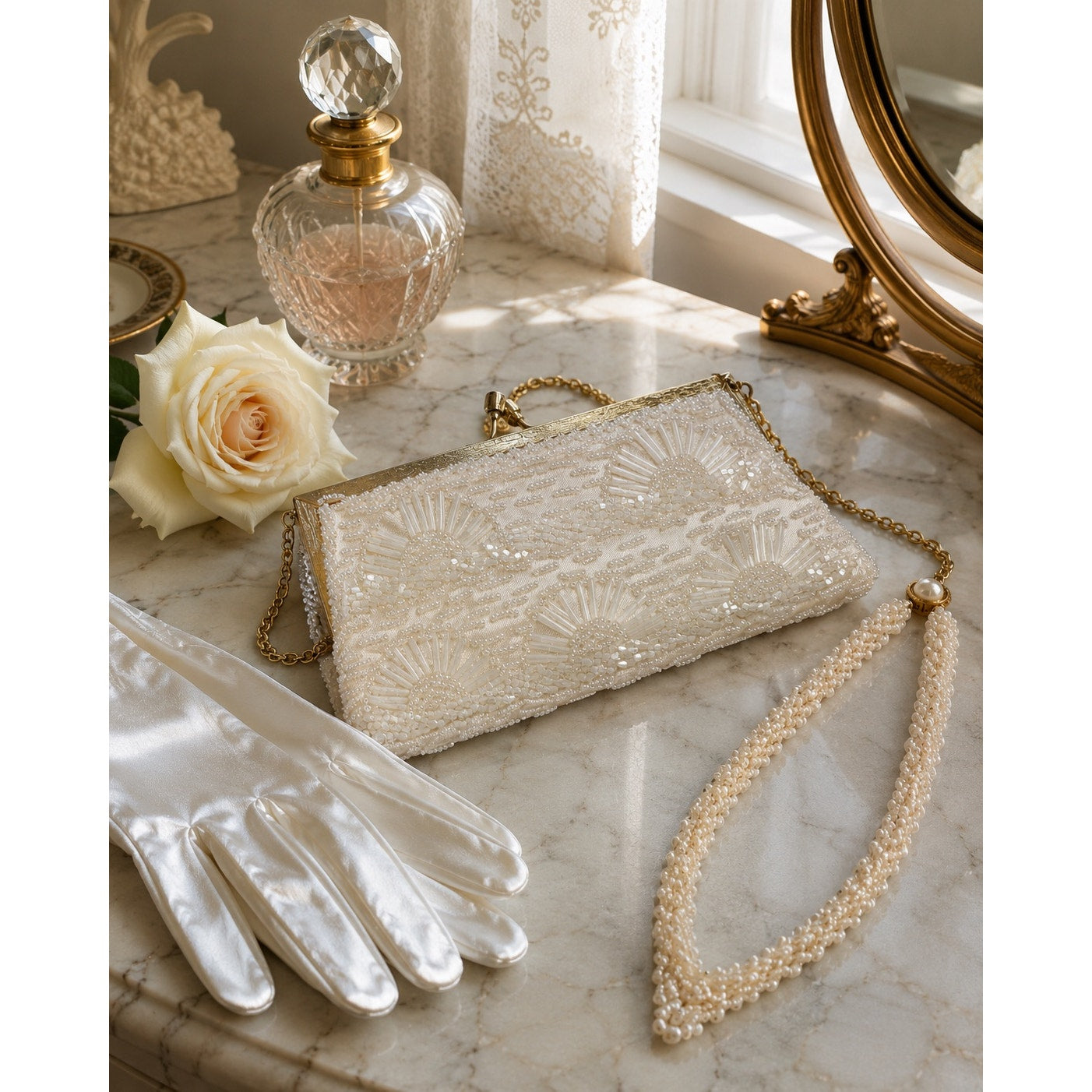 Vintage Beaded Evening Purse & Faux Pearl Necklace Set, Ivory Bridal Handbag