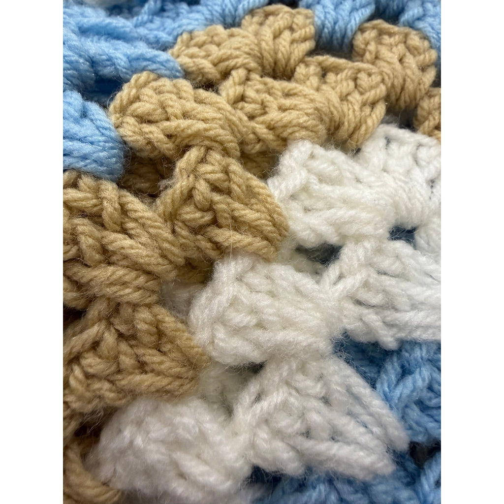 Vintage Crochet Baby Blanket Bluebird & Honey Blue Tan Ivory 36" Square
