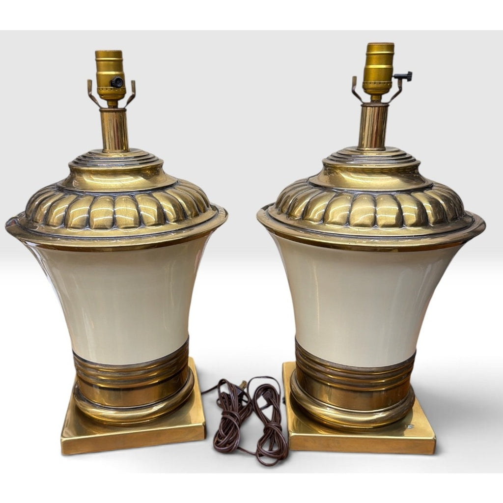 Vintage Brass Table Lamps Hollywood Regency Cream Urn Pair Large 25" – additional view 3