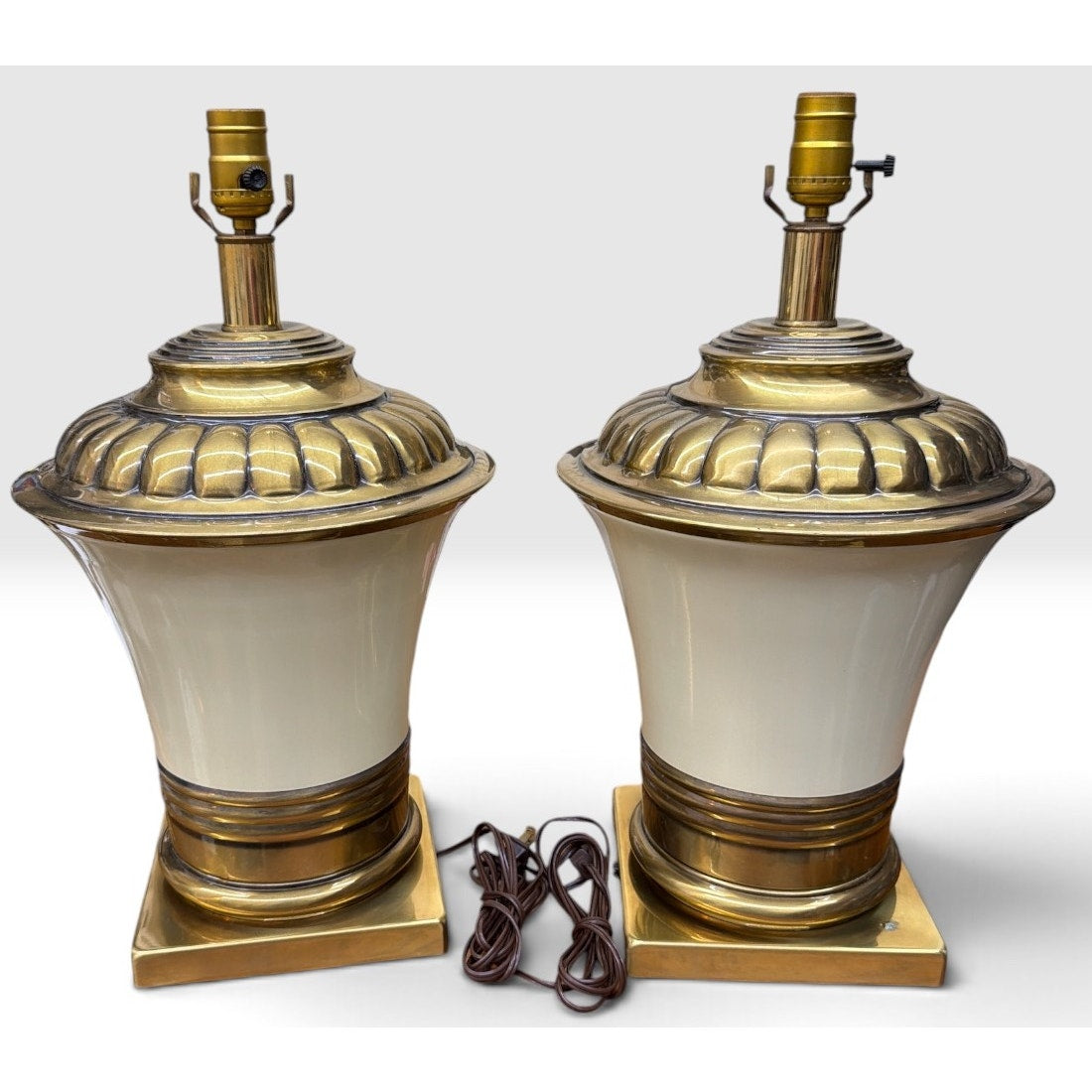 Vintage Brass Table Lamps Hollywood Regency Cream Urn Pair Large 25" – additional view 3