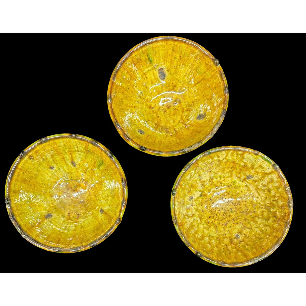 Vintage Tamegroute Ochre Bowls Set of 3 Moroccan Pottery Footed Bowls – additional view 3