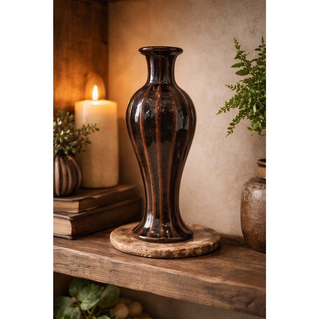 Studio Pottery Brown Black Drip Glaze Vase 12” Tall Handmade Art Pottery