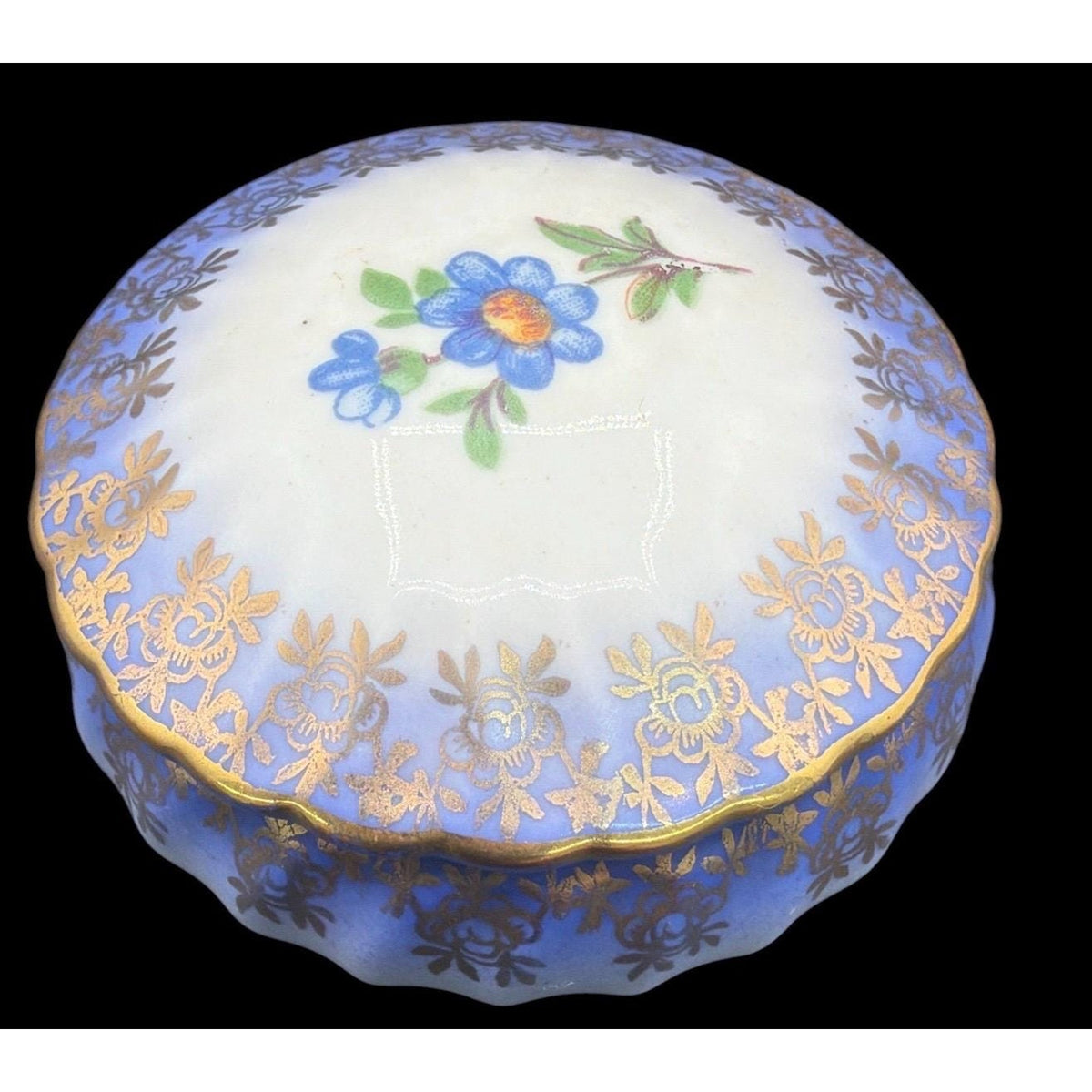 Vintage Blue Porcelain Trinket Box: Gold Gilt Floral Vanity Keepsake – additional view 3
