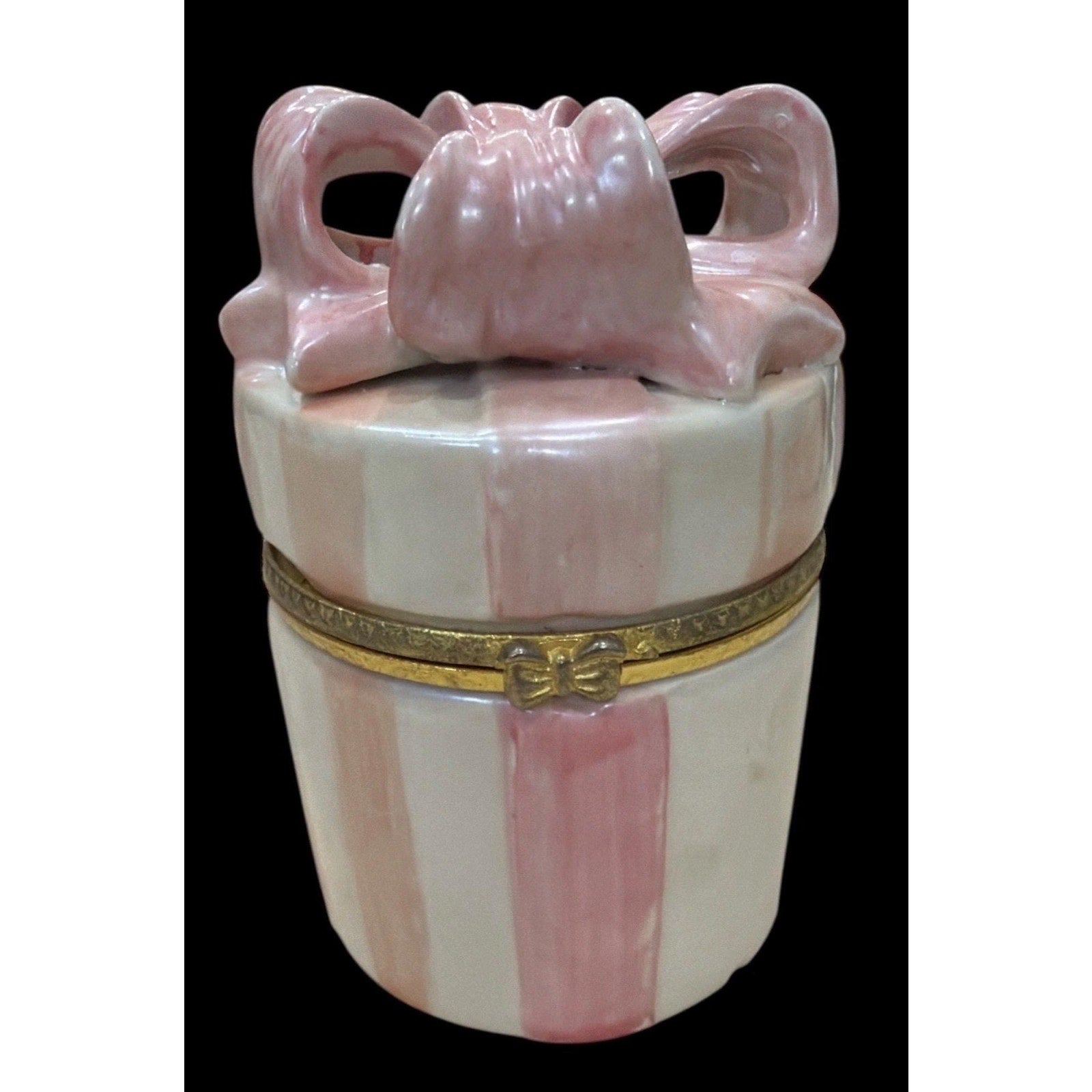 Vintage Hermitage Pottery Bow Trinket Box – Pink & White Hinged Keepsake – Romantic Vanity Decor