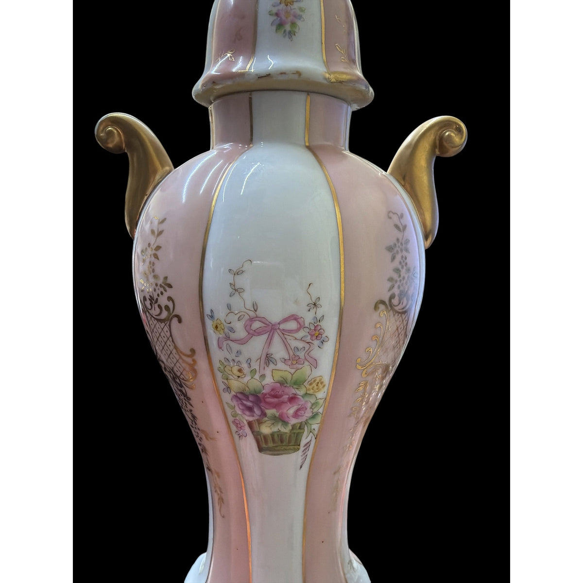Vintage Pink Floral Ceramic Urn Table Lamp Rewired Pink Bell Shade