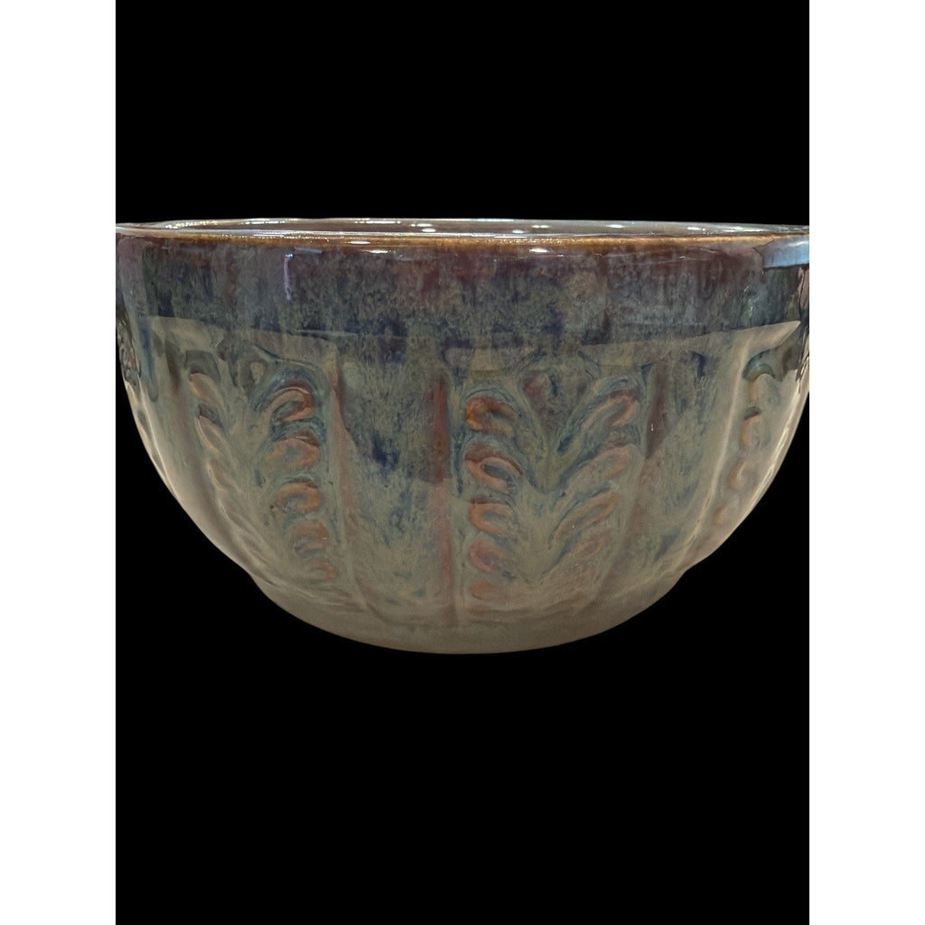 Blue Art Pottery Bowl 8.5” Textured Floral Decorative Centerpiece Vietnam