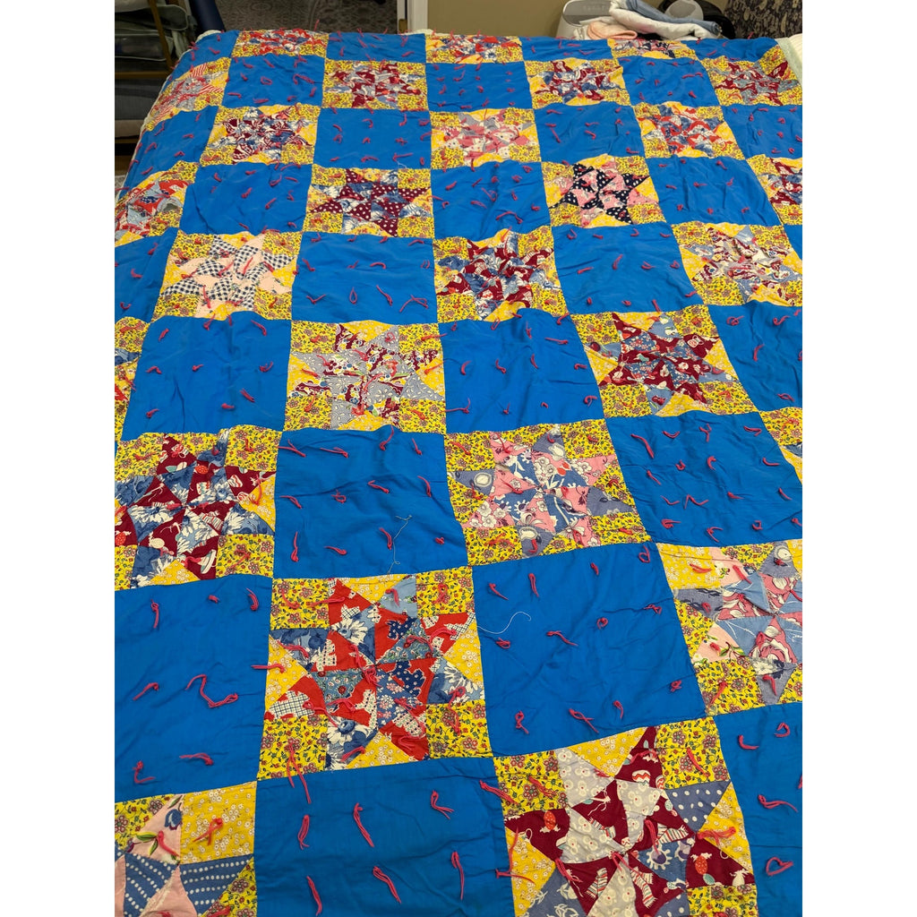 Vintage Hand Pieced Quilt Handmade Tied Quilt Depression Era Feed Sack Fabric