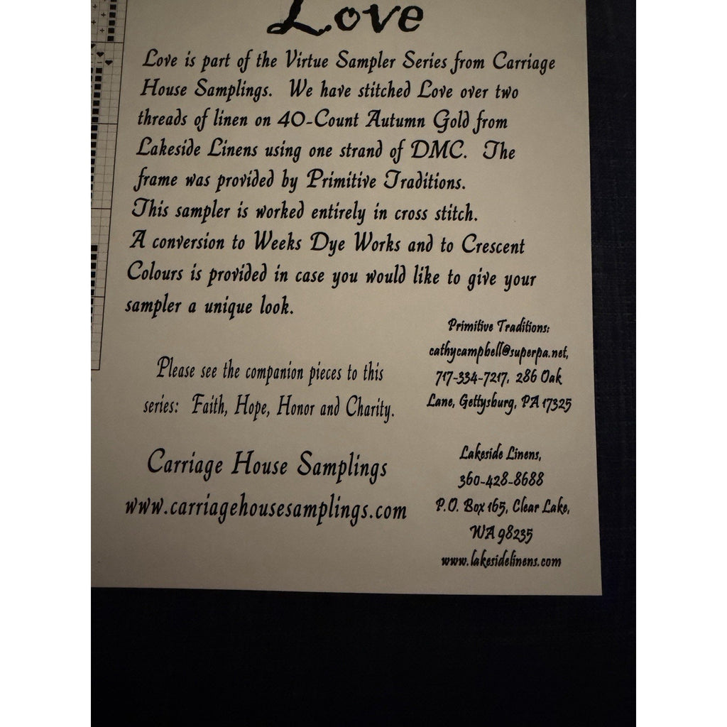 Carriage House Samplings LOVE Virtue Sampler Series Cross Stitch Pattern 2006