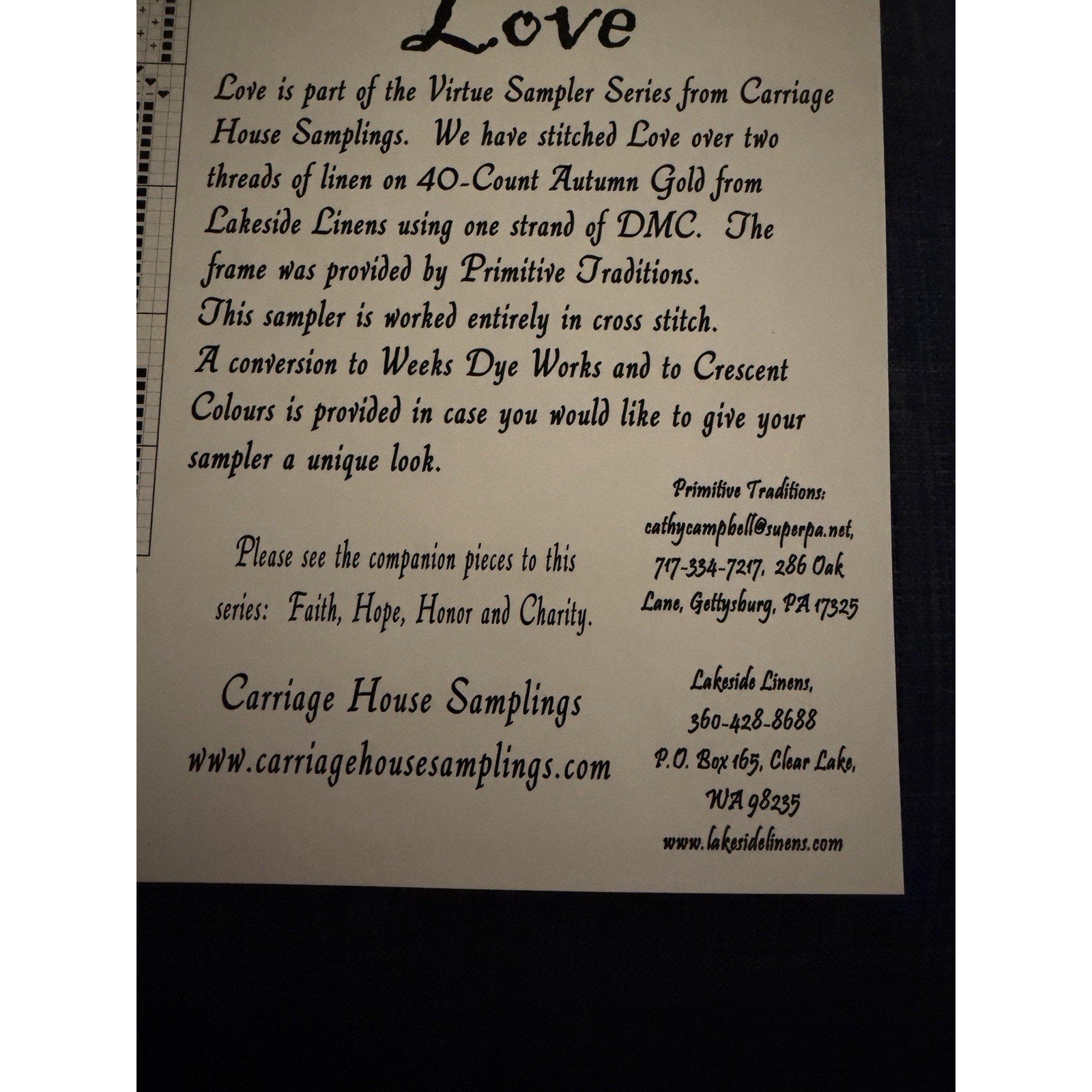 Carriage House Samplings LOVE Virtue Sampler Series Cross Stitch Pattern 2006