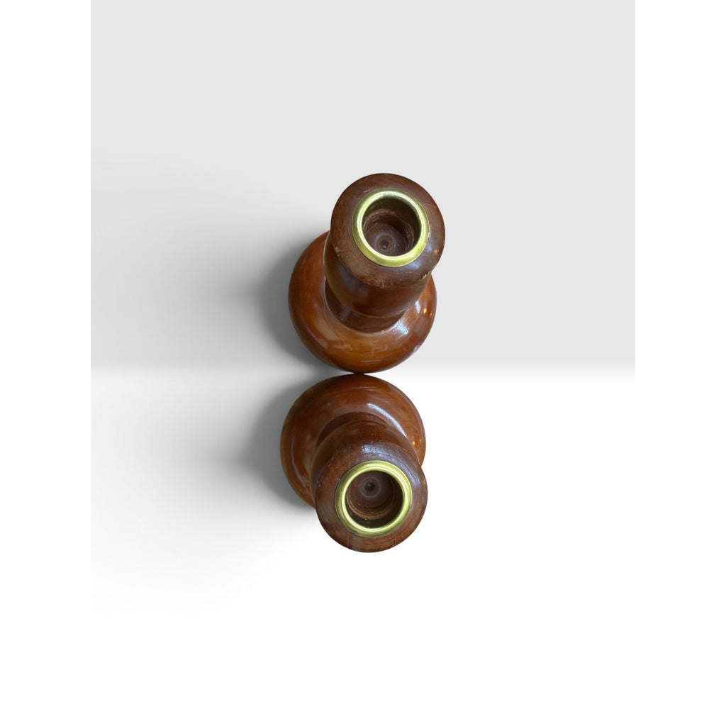 Vintage Paul R Winter Cherry Wood Candlesticks Solid Brass Cups Handmade Pair – additional view 3