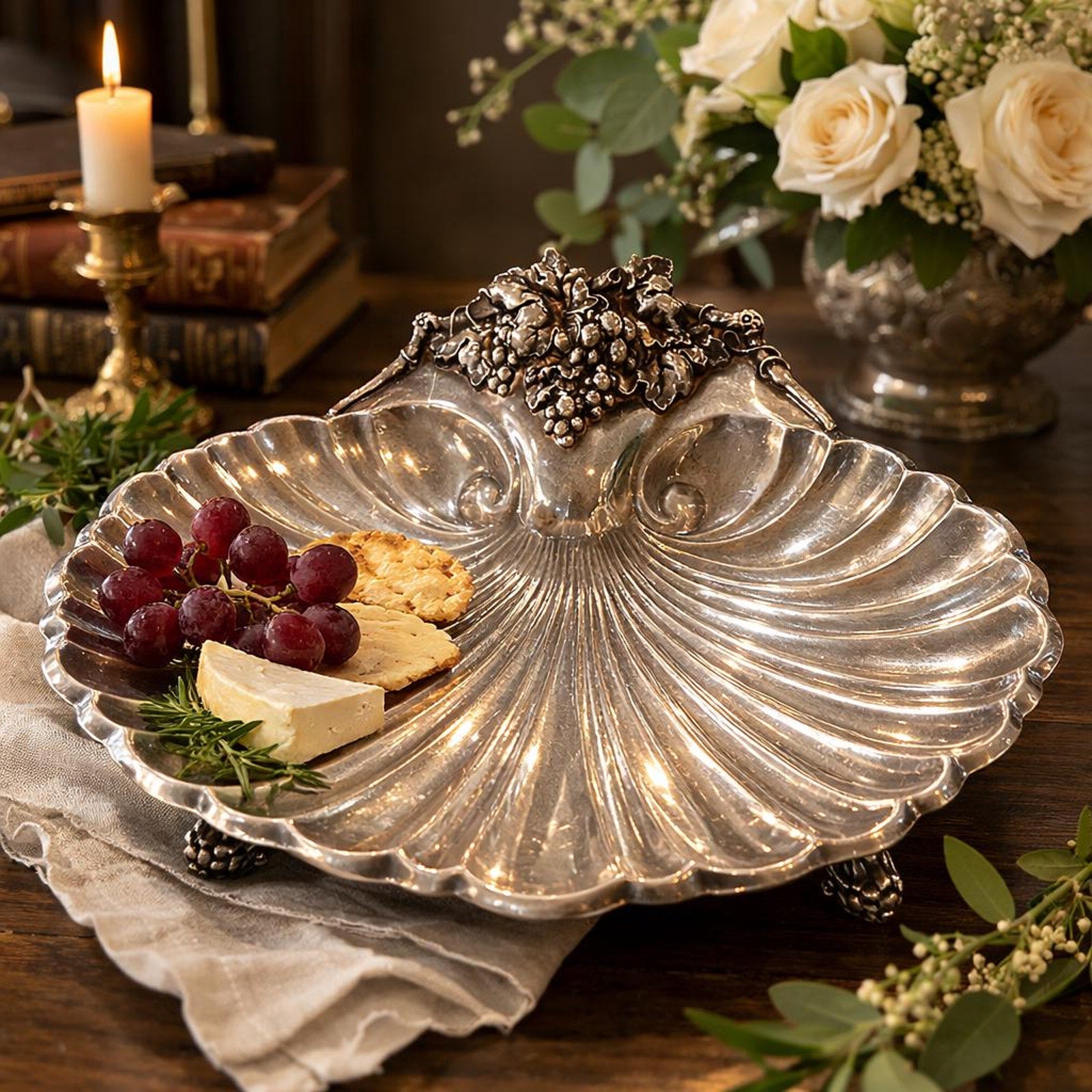 Reed & Barton Shell Platter 16” Silverplate Grape Feet Vintage Serving Tray