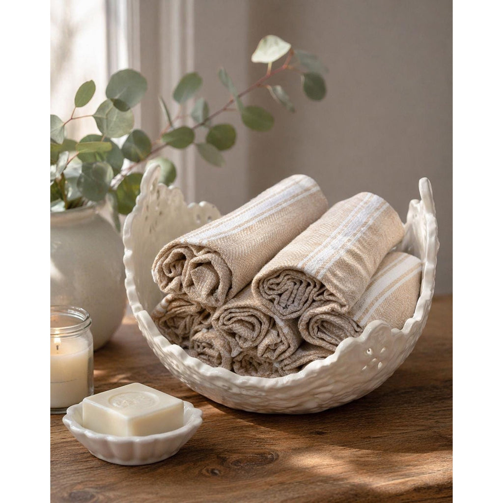 Vintage Ceramic Guest Towel Holder: Farmhouse Spa Linen Display Bowl