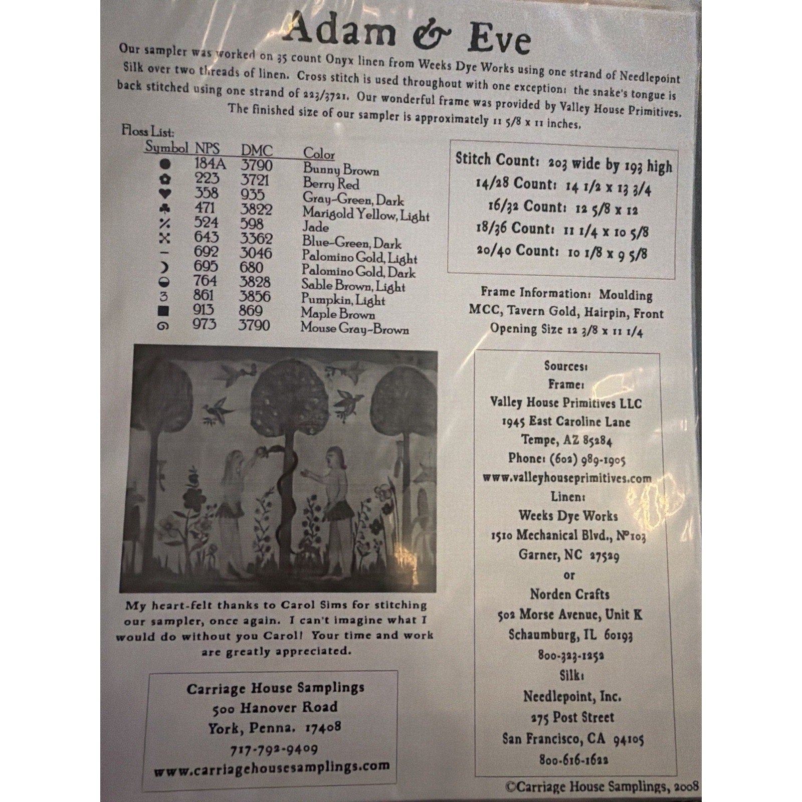 Carriage House Samplings Adam & Eve Cross Stitch Pattern Primitive Sampler