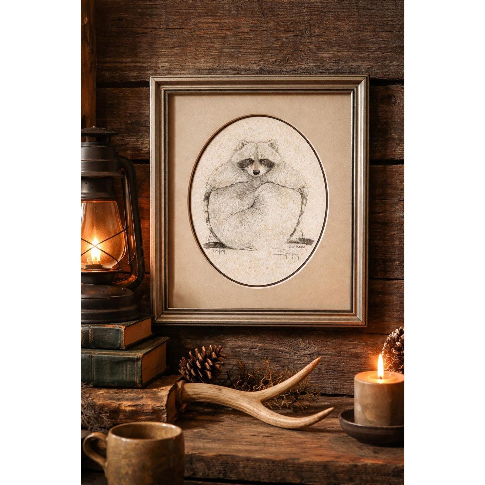 Vintage Woodland Raccoon Art Framed Signed Ray Harm Cozy Cabin Decor