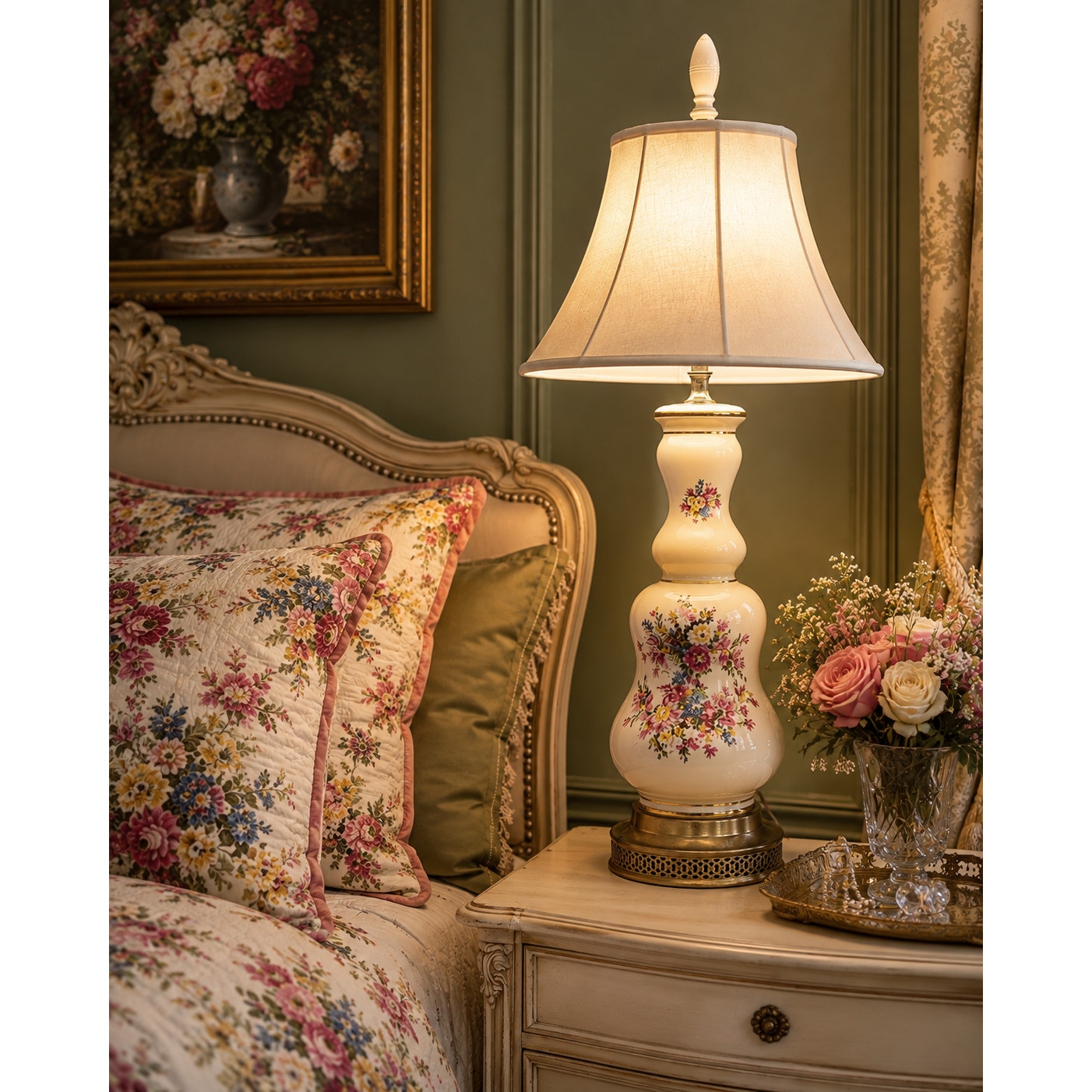 Vintage Floral Milk Glass Table Lamp Brass Base Cottage Bedroom Lighting