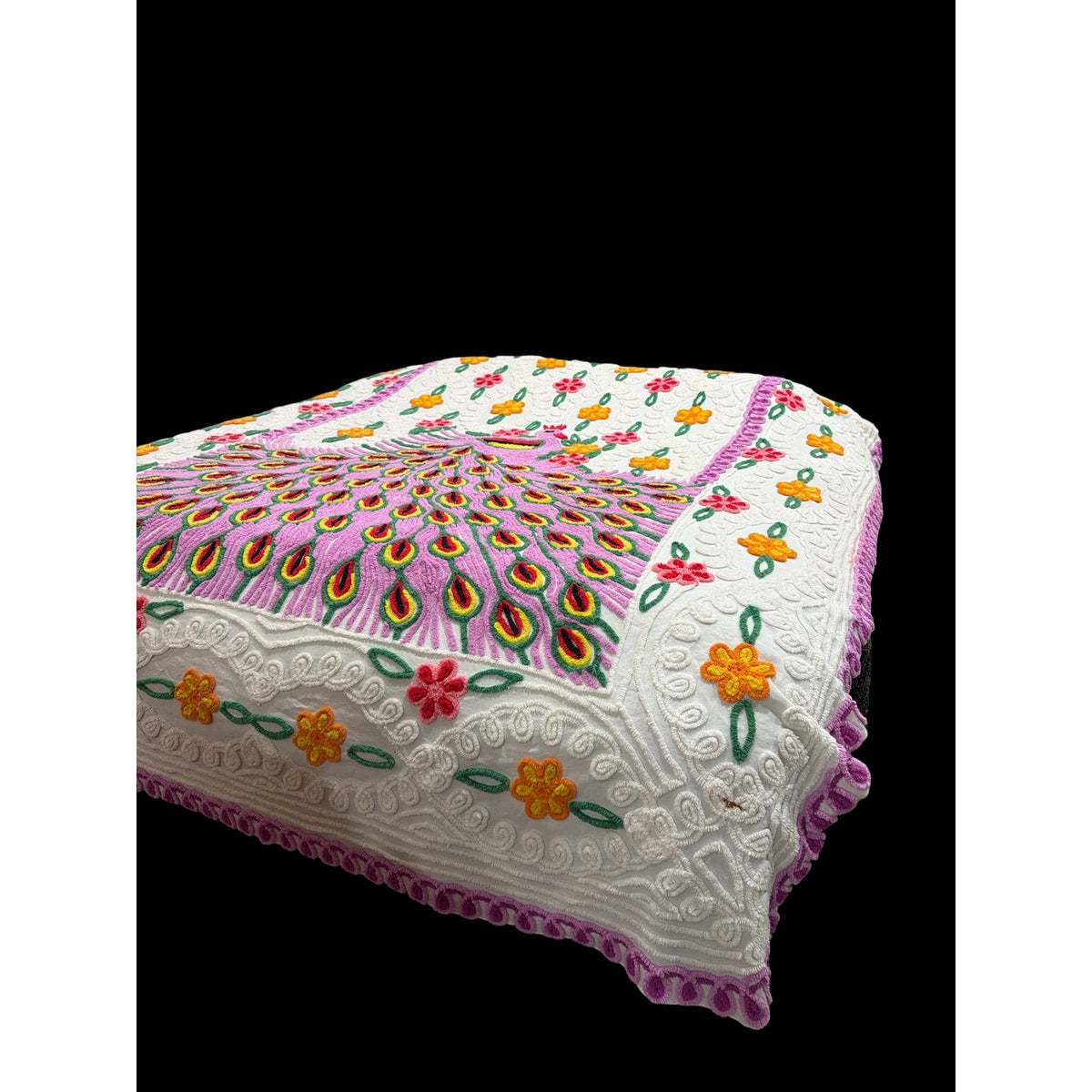 Vintage Peacock Chenille Bedspread Full Double 88 x 100 ** READ **