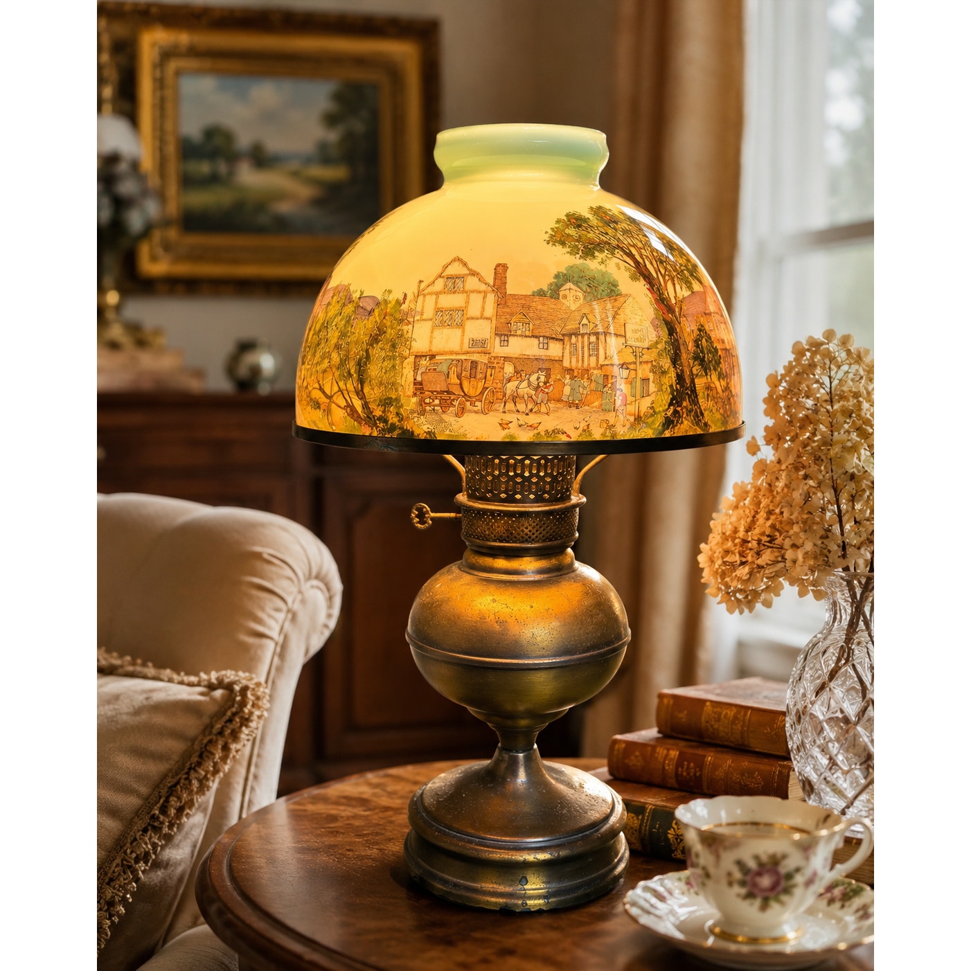 Antique Hand Painted Opal Glass Lamp Brass Electric Oil Lamp 21"