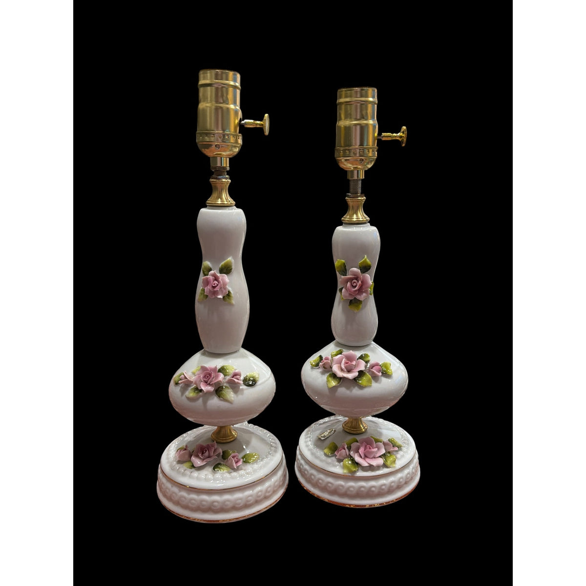 Pair Vintage Porcelain Pink Rose Boudoir Lamps Rewired New Shades Japan