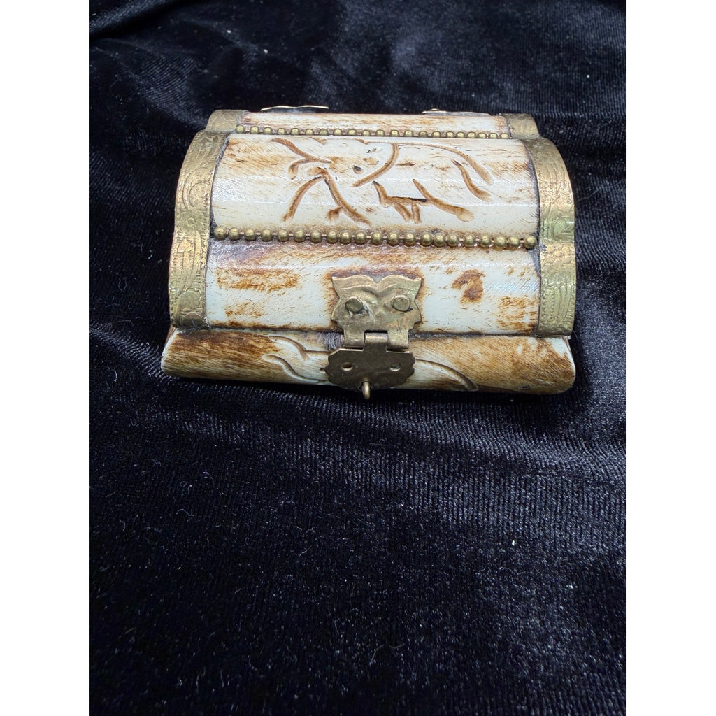 Vintage Carved Bone Brass Trinket Box Purple Velvet Lined Jewelry Box