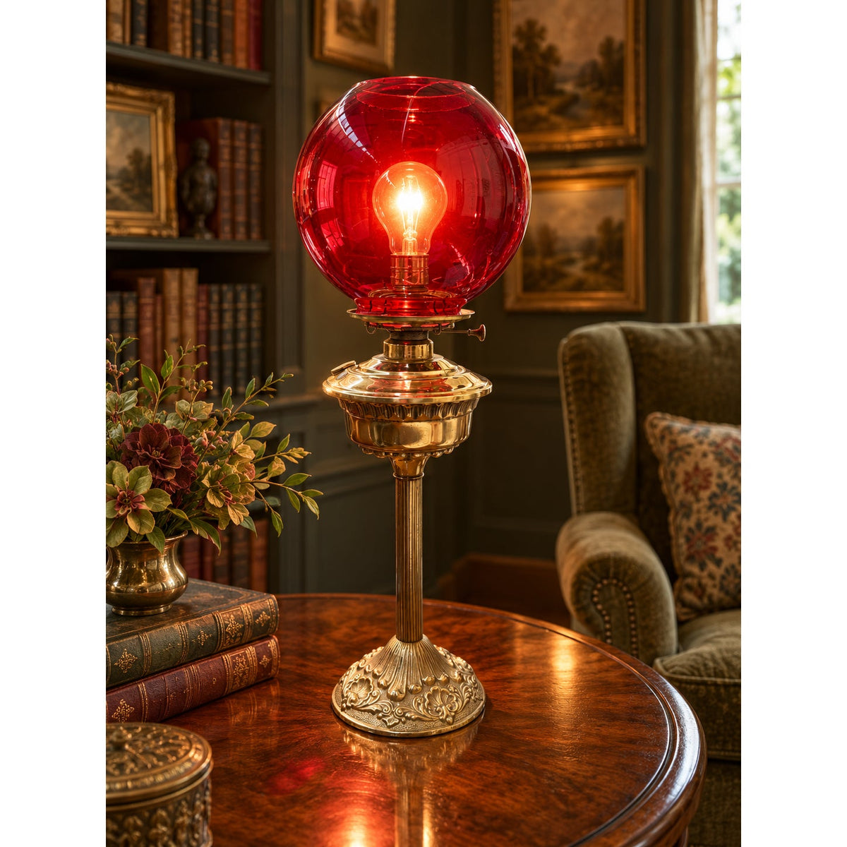 Antique Brass Electric Table Lamp with Ruby Red Glass Globe