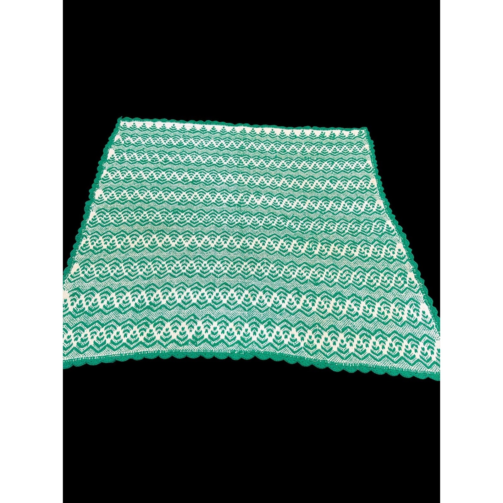 Vintage Handwoven Green White Coverlet Throw Blanket 65x65 Handmade Woven Textile Farmhouse Cottage Christmas Decor