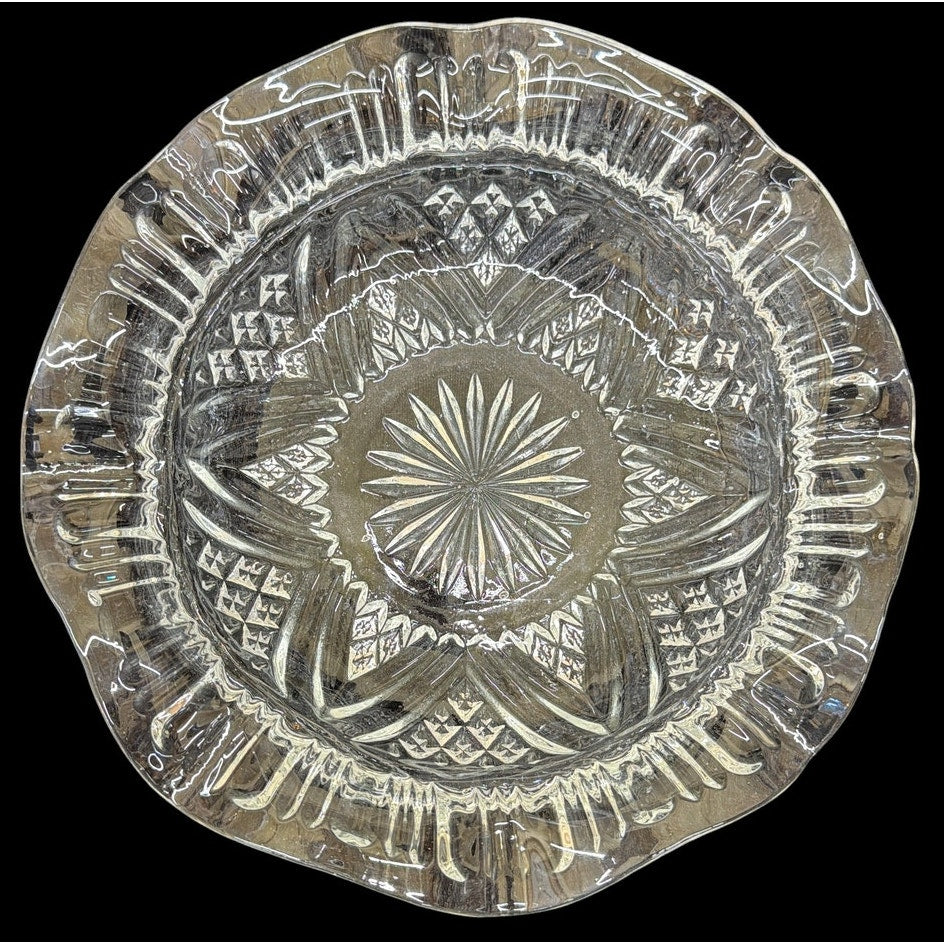 Large Vintage Pressed Glass 10" Ruffled Centerpiece Bowl Starburst Mid Century – additional view 2