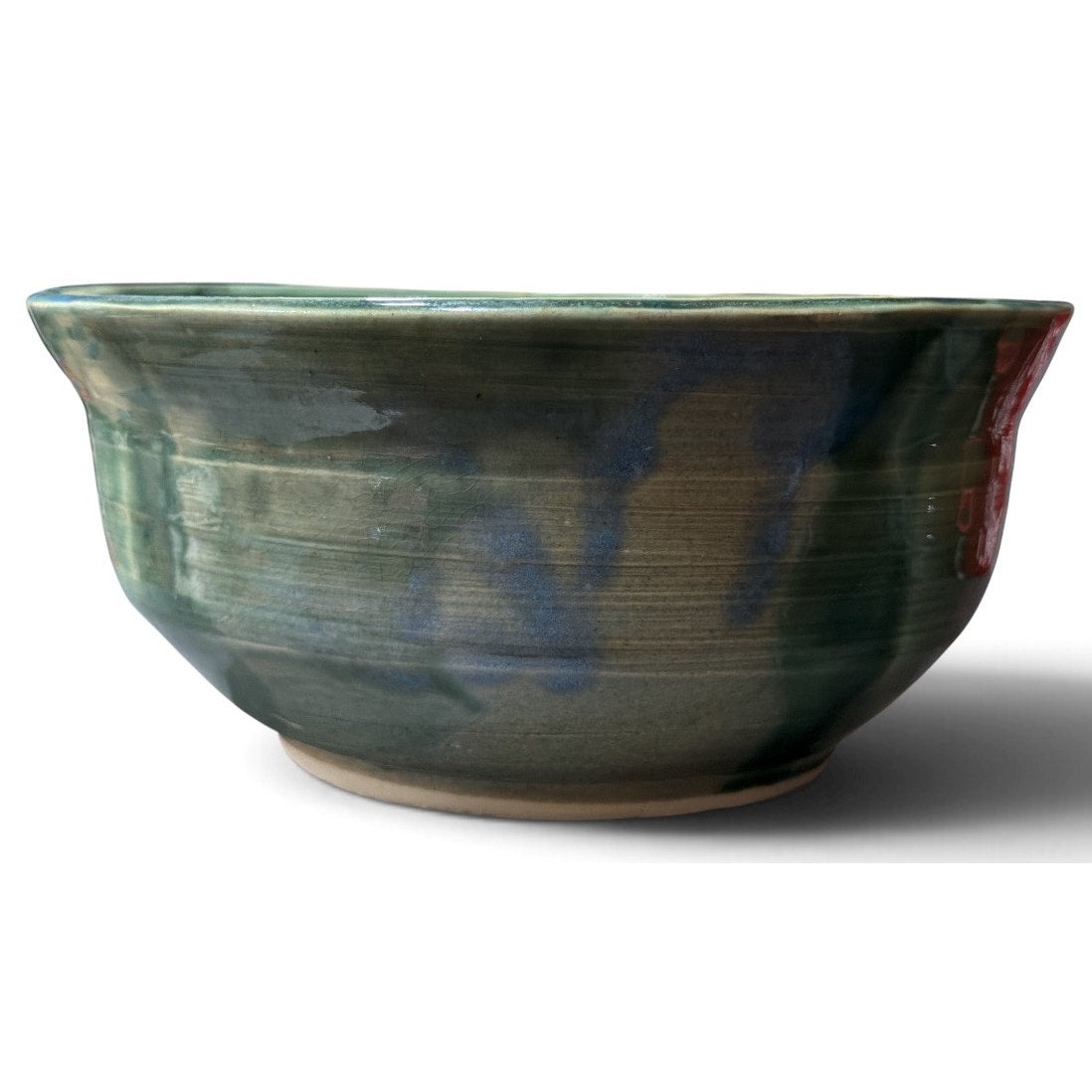 Vintage Studio Pottery Bowl Signed SM Green Blue Glaze Hand Thrown 8.25"