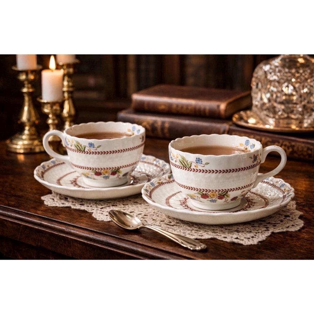 Spode Copeland Cowslip S713 Teacups & Saucers Pair England Bone China Floral Vintage