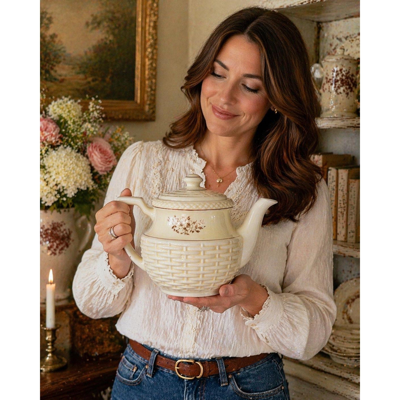 Vintage Porcelier Teapot: Ivory Basket Weave Floral China Display Piece