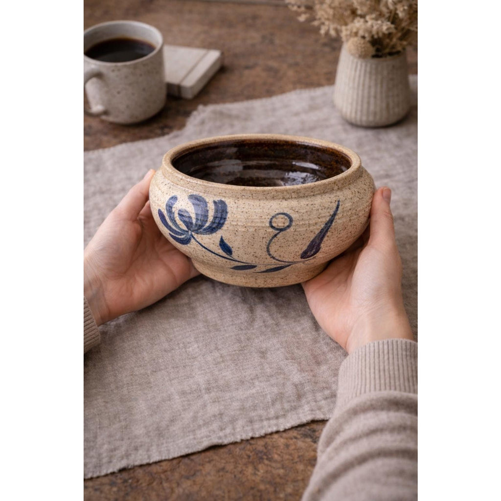 North Carolina Salt Glaze Pottery Bowl Cobalt Folk Art Studio Pottery 6”