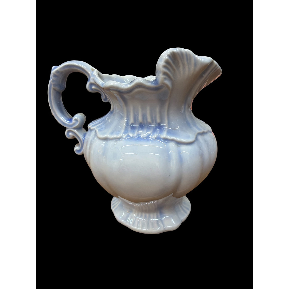 Vintage Blue White Ceramic Pitcher 6 Inch Scalloped Cottage Vase