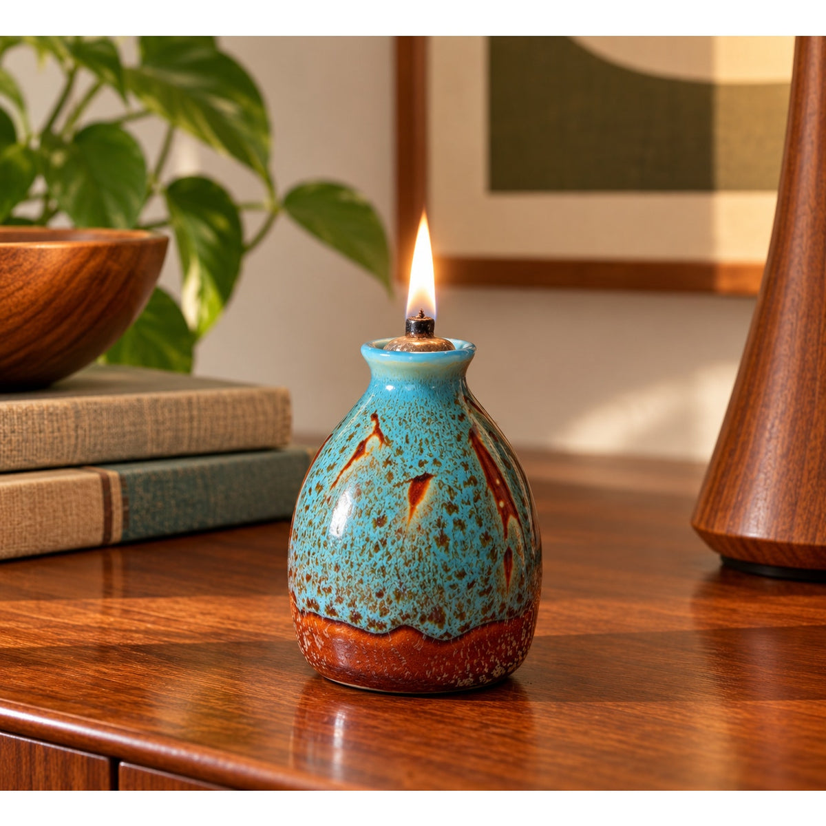 Vintage Studio Pottery Oil Lamp Turquoise Reactive Glaze MCM 4"