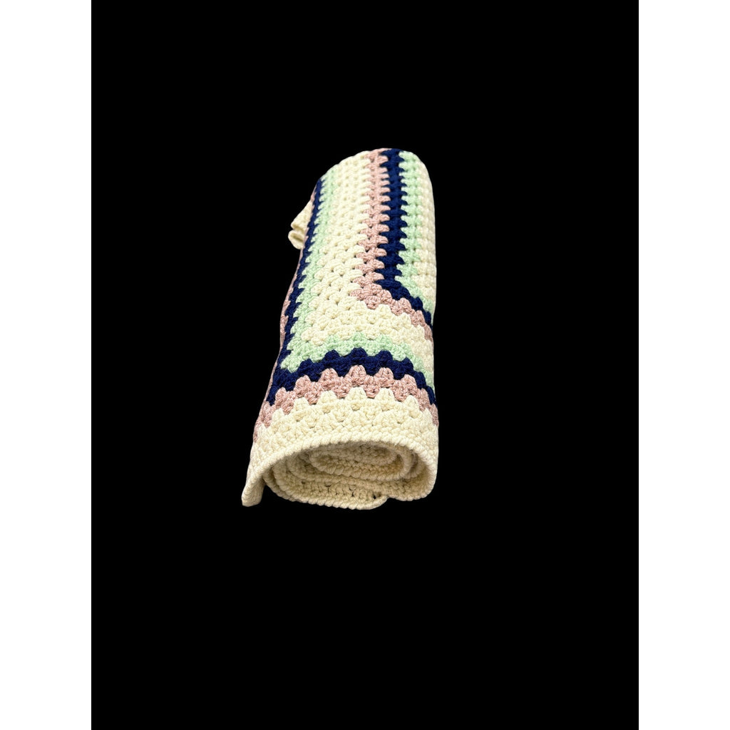 Handmade Crochet Lap Afghan Blanket Granny Square Ivory Navy Mint Pink 38"