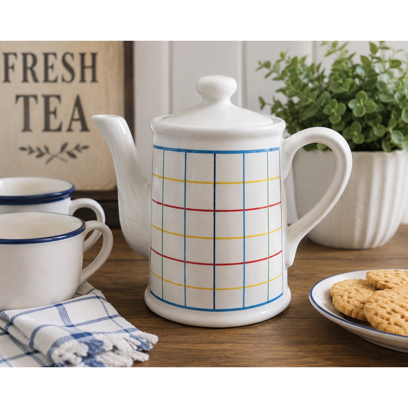 Vintage Retro Grid Ceramic Teapot Colorful Plaid Coffee Pot Mid Century Style