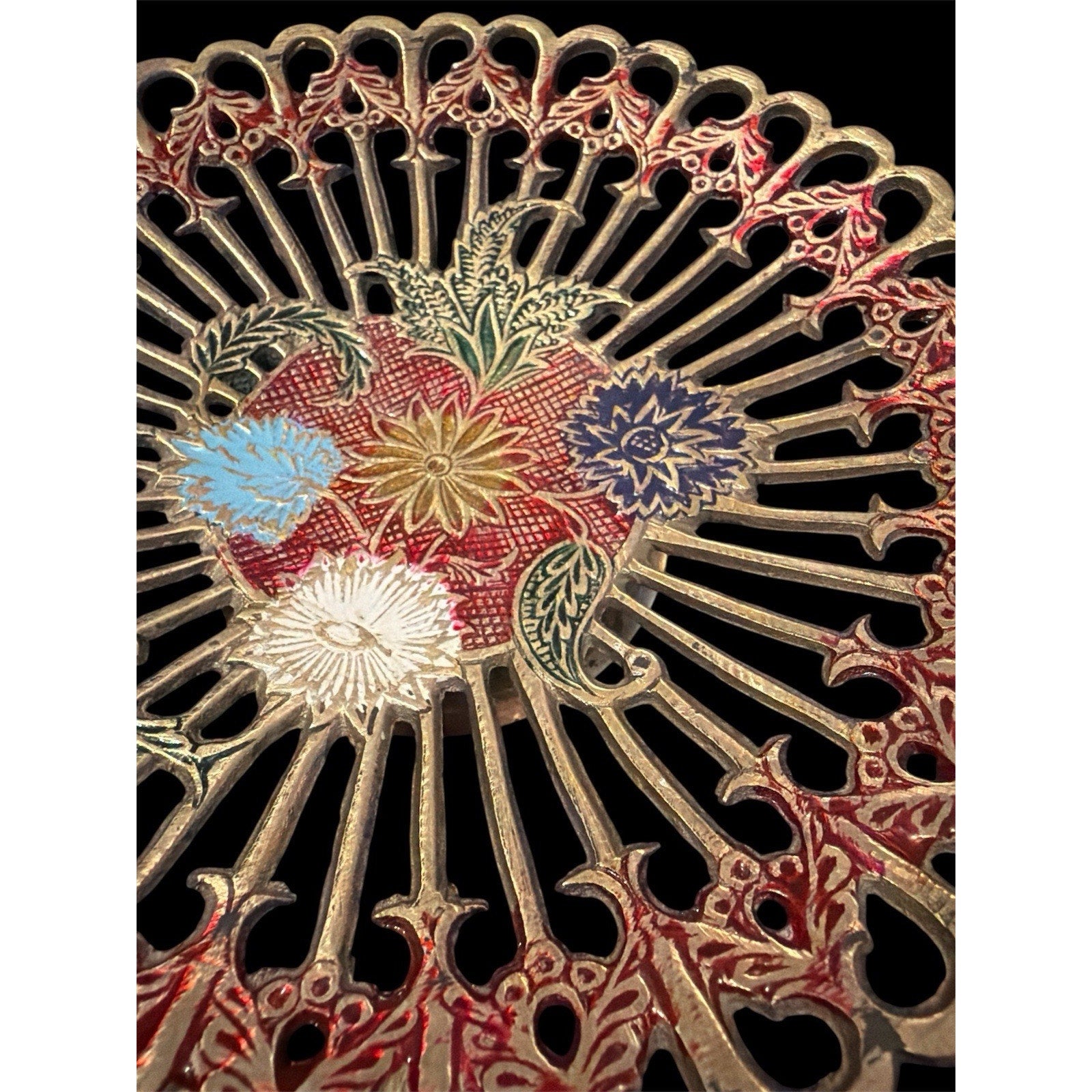Vintage Solid Brass Pedestal Dish Enamel Floral India Trinket Bowl