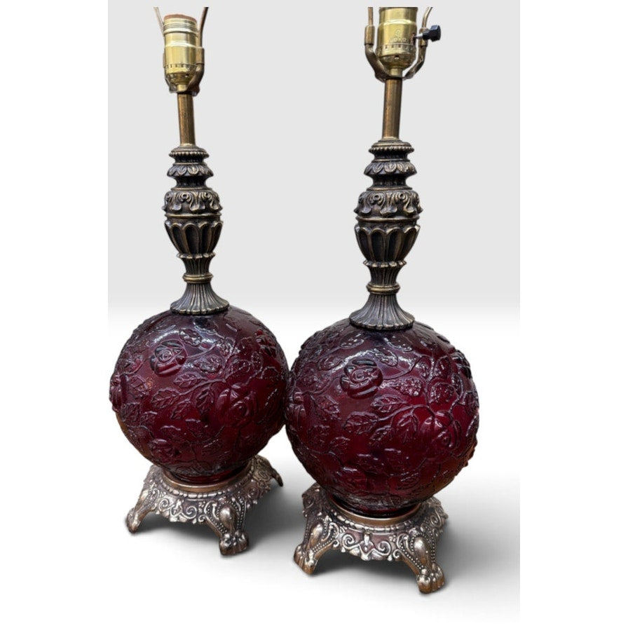 Pair Vintage Ruby Red Glass 3-Way Table Lamps Lighted Bases Roses 28" – additional view 4