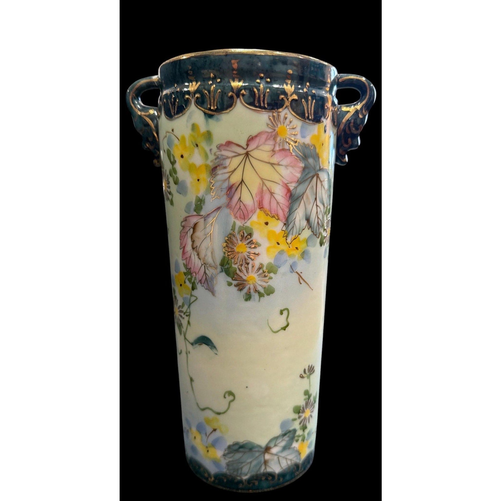 Antique Yoshino Hand Painted Vase Art Nouveau Floral Gold Gilt Porcelain 8.5”