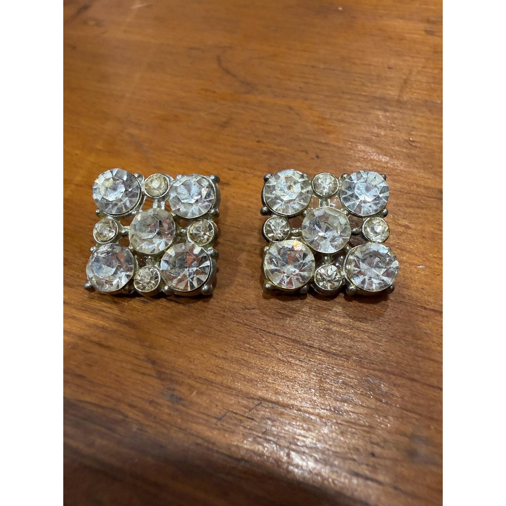 Vintage Rhinestone Buttons Art Deco Square Pair Jewelry Supply Repurpose Findings