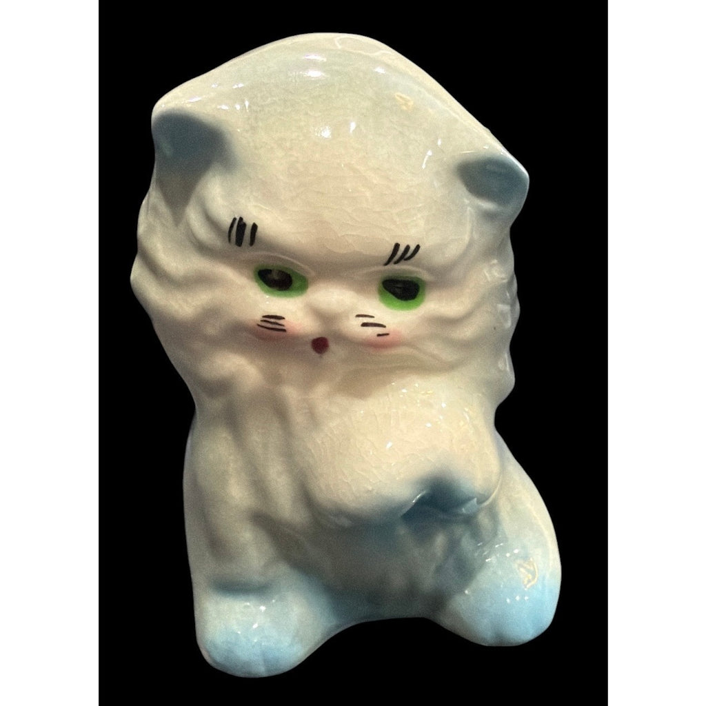 Vintage Ceramic Kitten Planter, Mid Century Blue Cat Planter