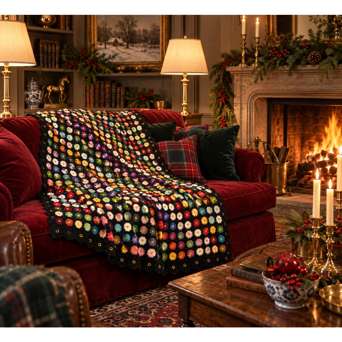Vintage Wool Crochet Afghan Black Multicolor Miniature Flower Blanket 53 x 45 – main view