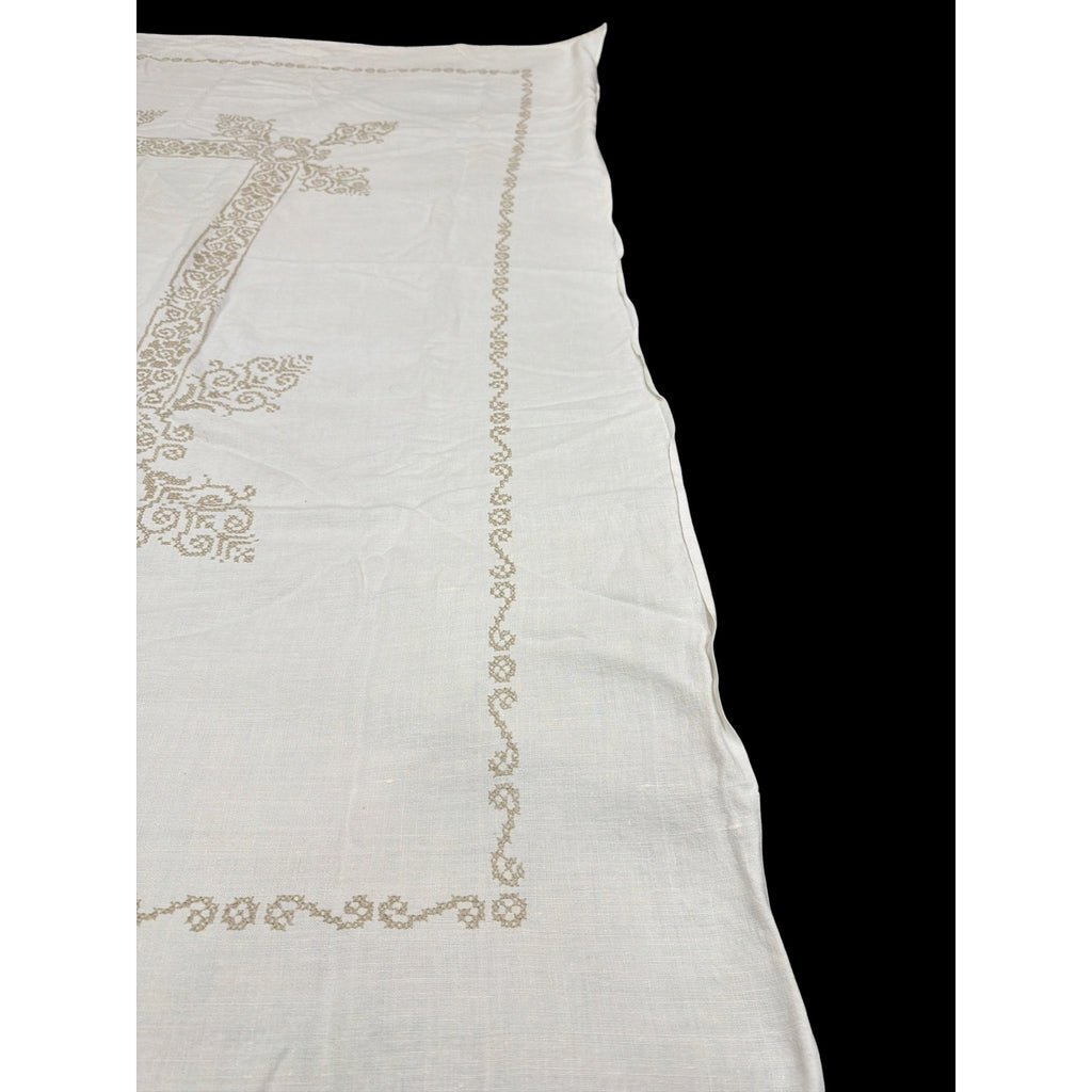 Vintage Hand Embroidered Linen Tablecloth Cross Stitch 54 x 72 Neutral – additional view 7