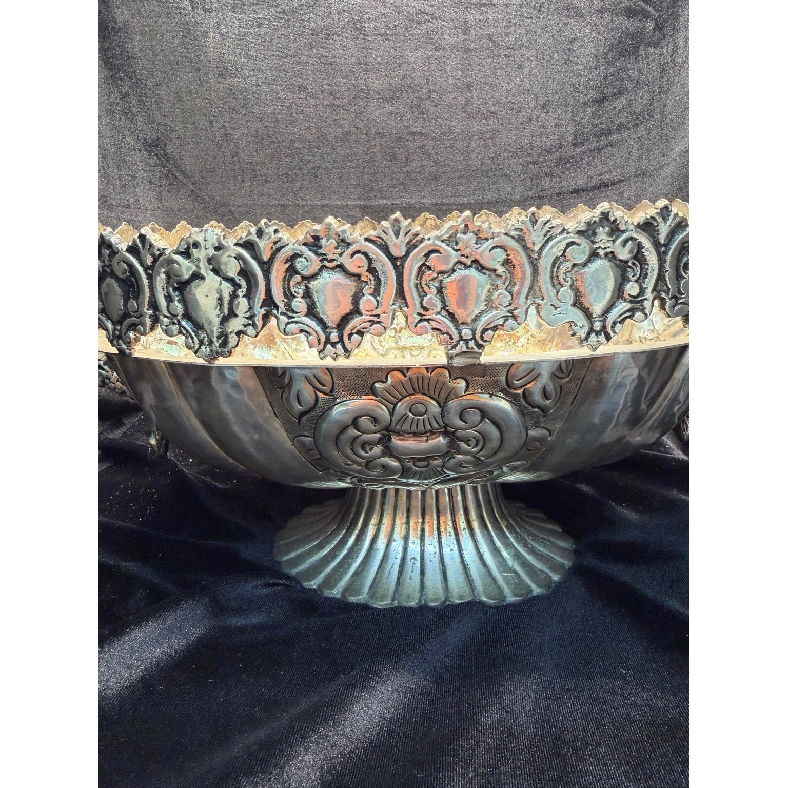 Large Victorian Revival Silver Tone Centerpiece Bowl Grapevine Handles