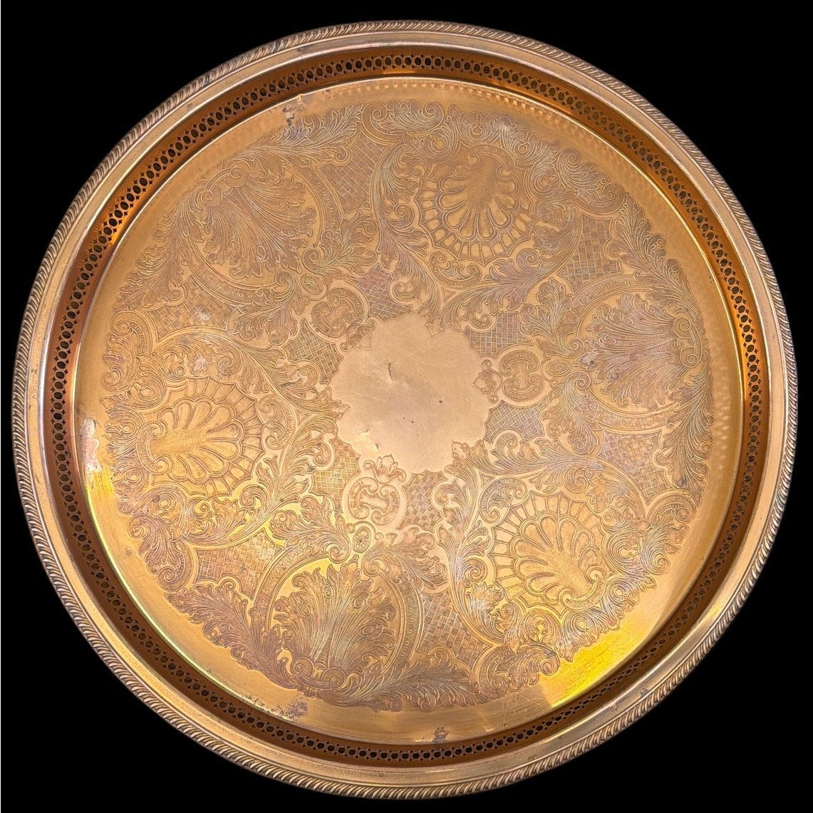 Vintage 18” Copper Plated Engraved Serving Tray Pierced Gallery – additional view 4