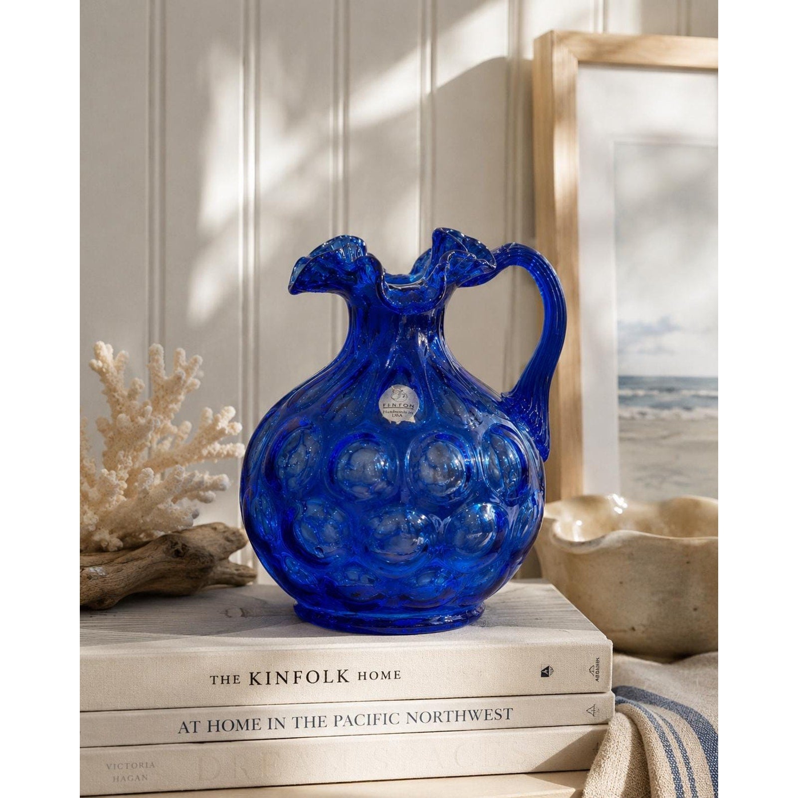 Vintage Fenton Cobalt Blue Coin Dot Pitcher, Hand Blown Art Glass Creamer