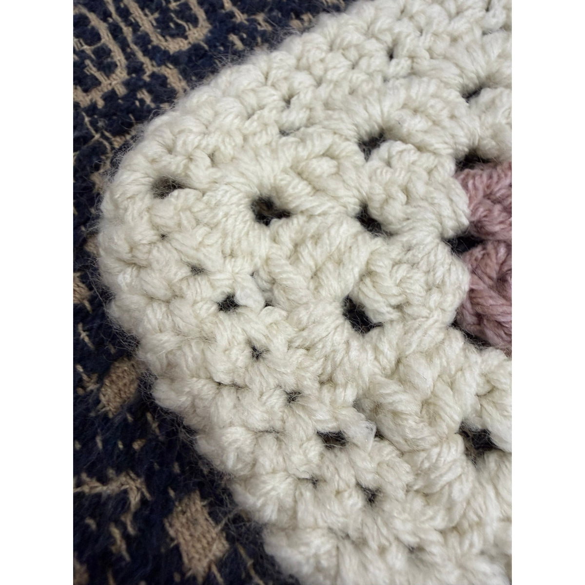 Handmade Crochet Lap Afghan Blanket Granny Square Ivory Navy Mint Pink 38"