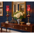 Pair Antique Victorian Ruby Cut Glass Lamps Brass Marble Bases 21.5"